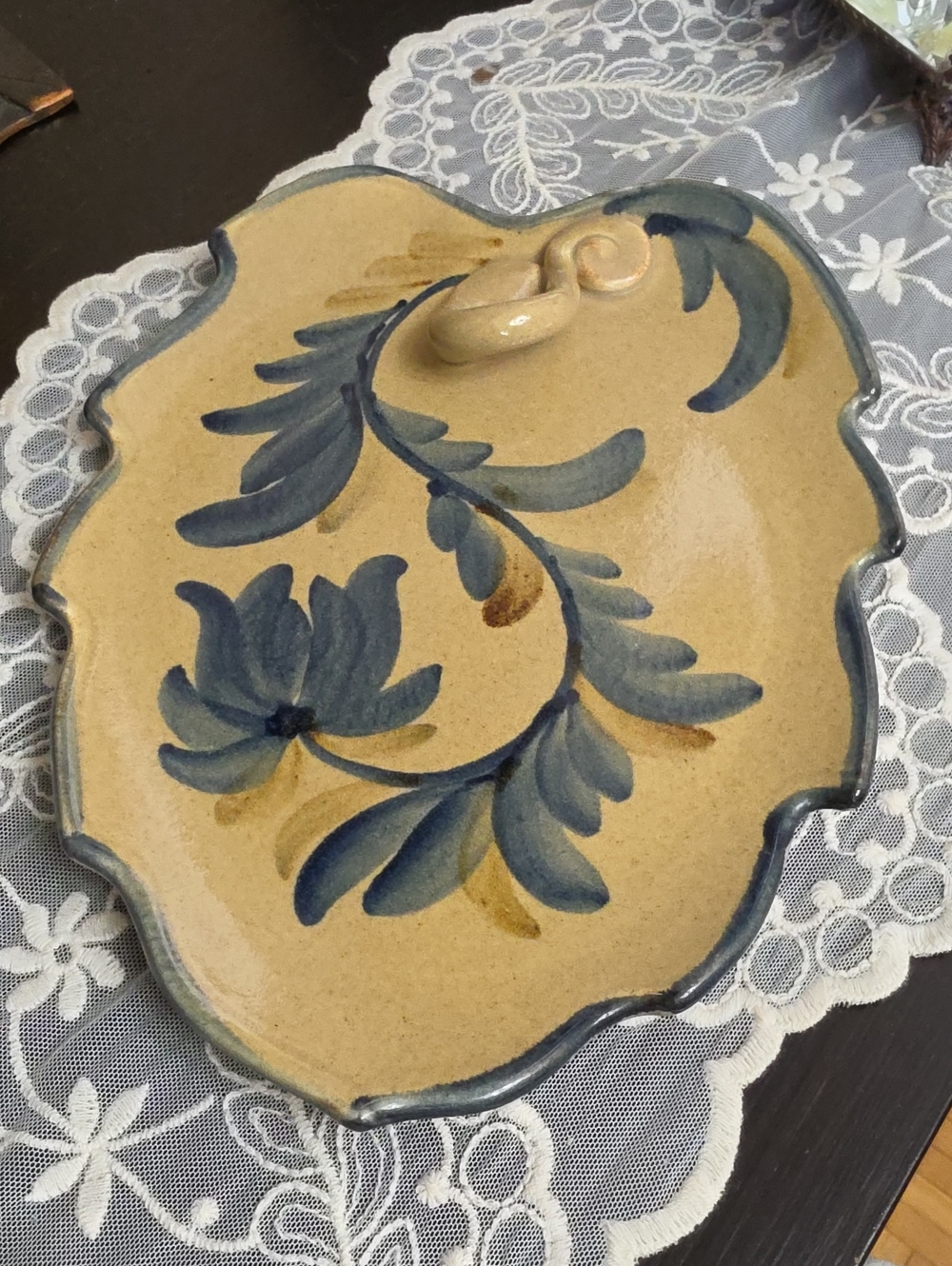 Vtg Keith Campbell's 1970 Ceramic Serving Platter - Beige and Blue